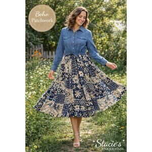 Vintage Denim Patchwork Midi Dress Boho Button Front Size L XL Cottagecore